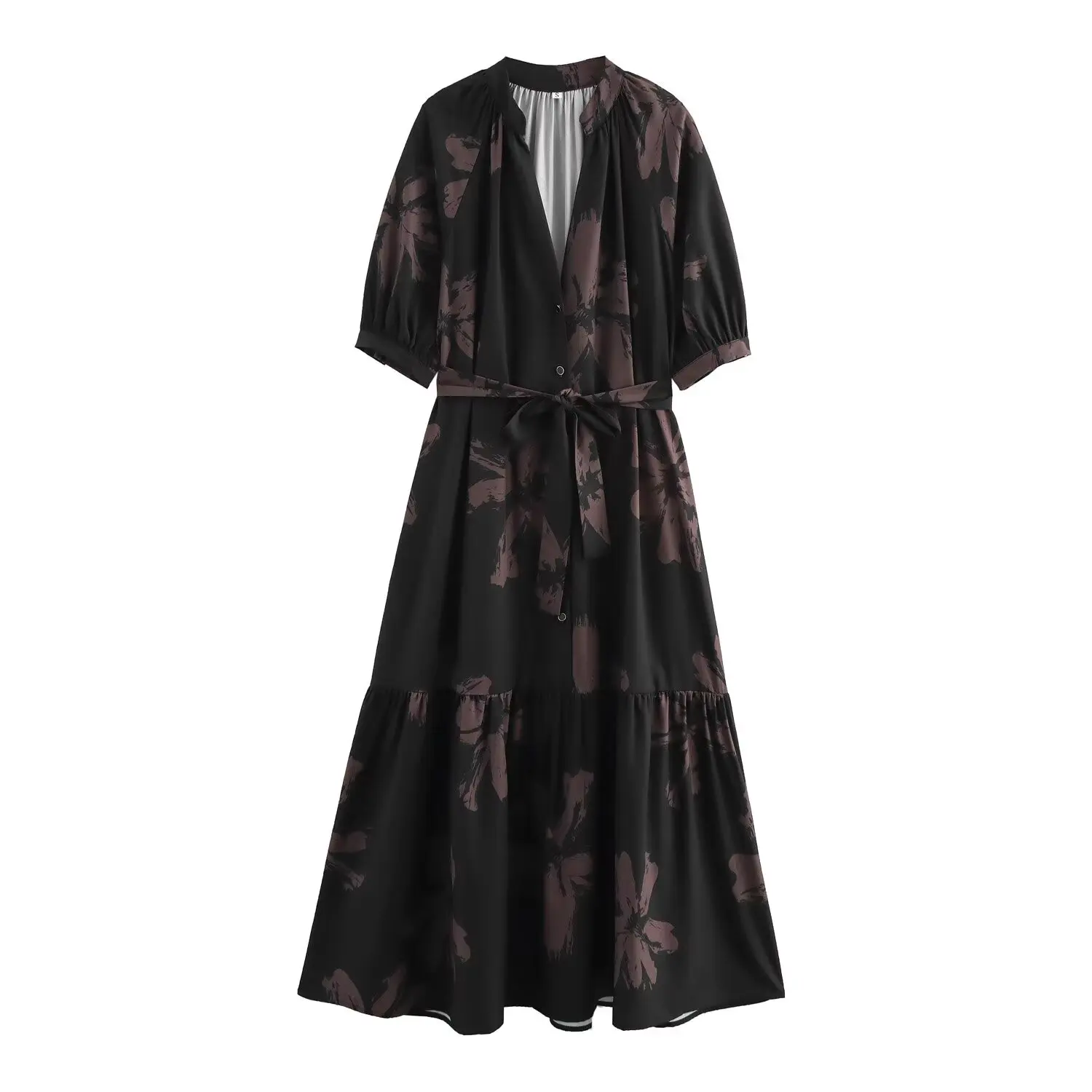 PBZA Vestido feminino midi com decote em V e manga curta com cinto e amarração em camadas com estampa floral para o verão para um visual chique e breezy