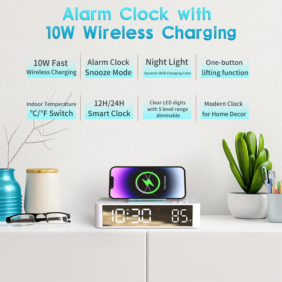 LED Digital Alarm Clock Adjustable Brightness RGB Lights Bedroom Bedside Table Clock Multifunctional Wireless Charger Clocks