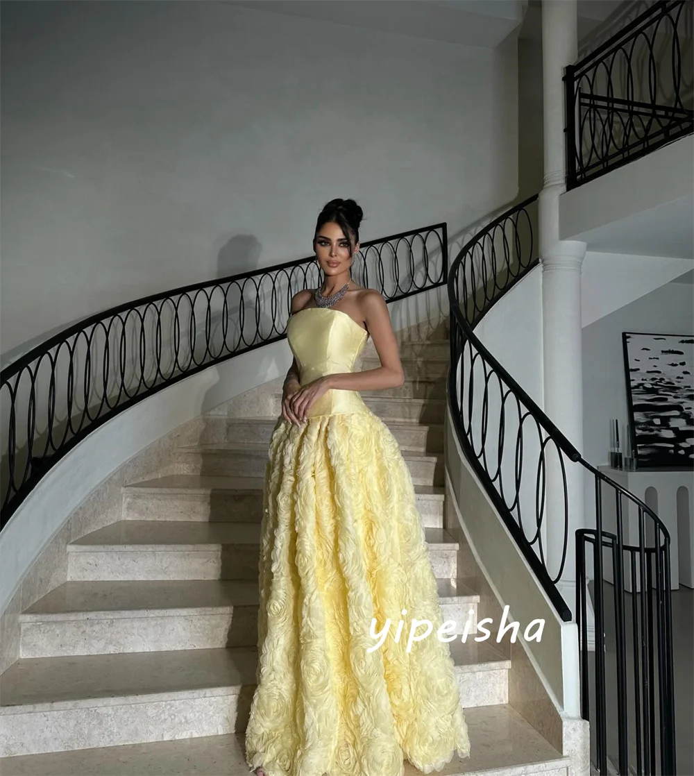 Customized Modest Fashion Handmade Flower Pleat Ruched Yellow A-line Strapless Long Dresses Evening Dresses Sizes Available