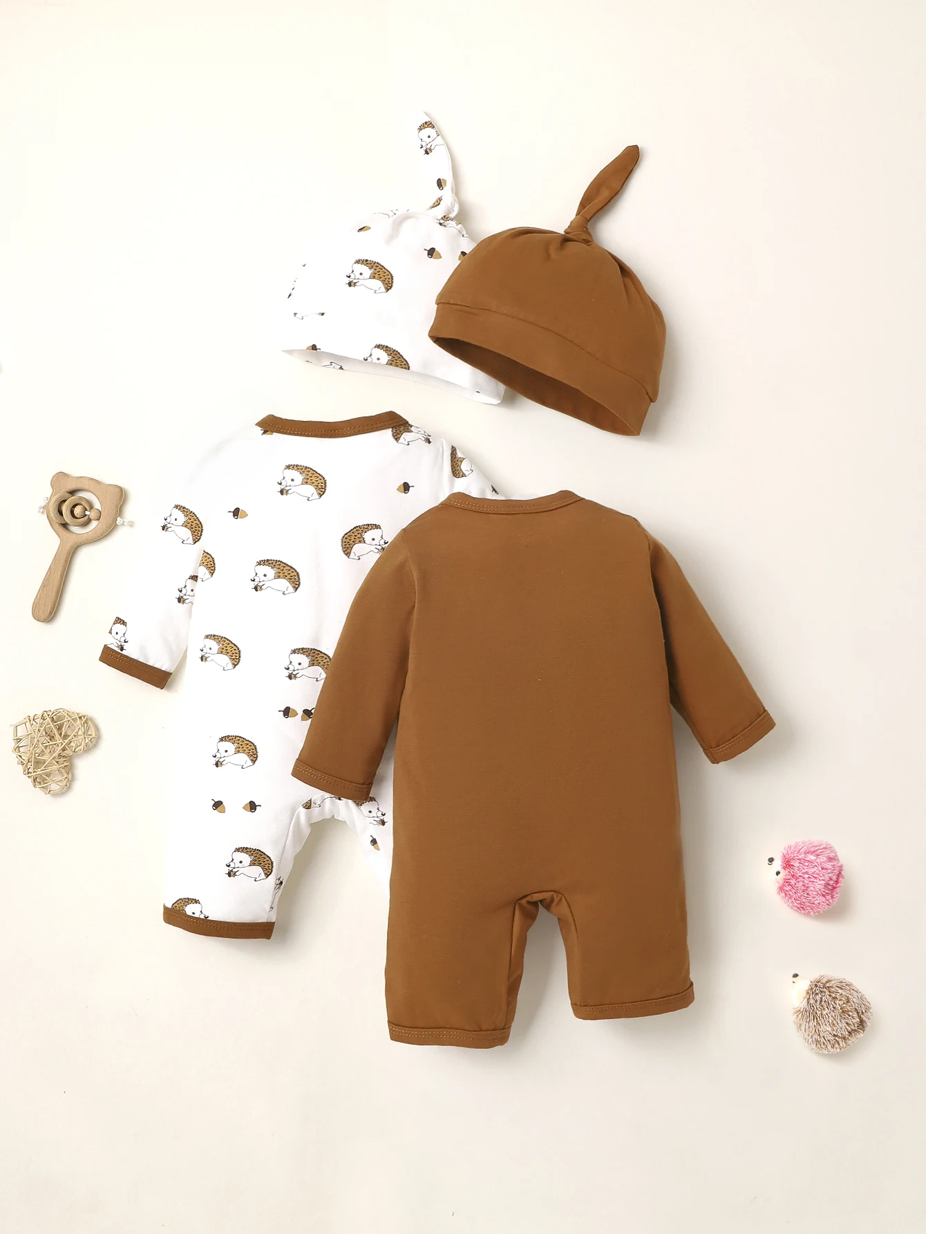 4PCS Autumn Winter Boys Girls Jumpsuit With Hat Round Neck Long Sleeved Cardigan Button Up Hedgehog Pants Baby Clothes