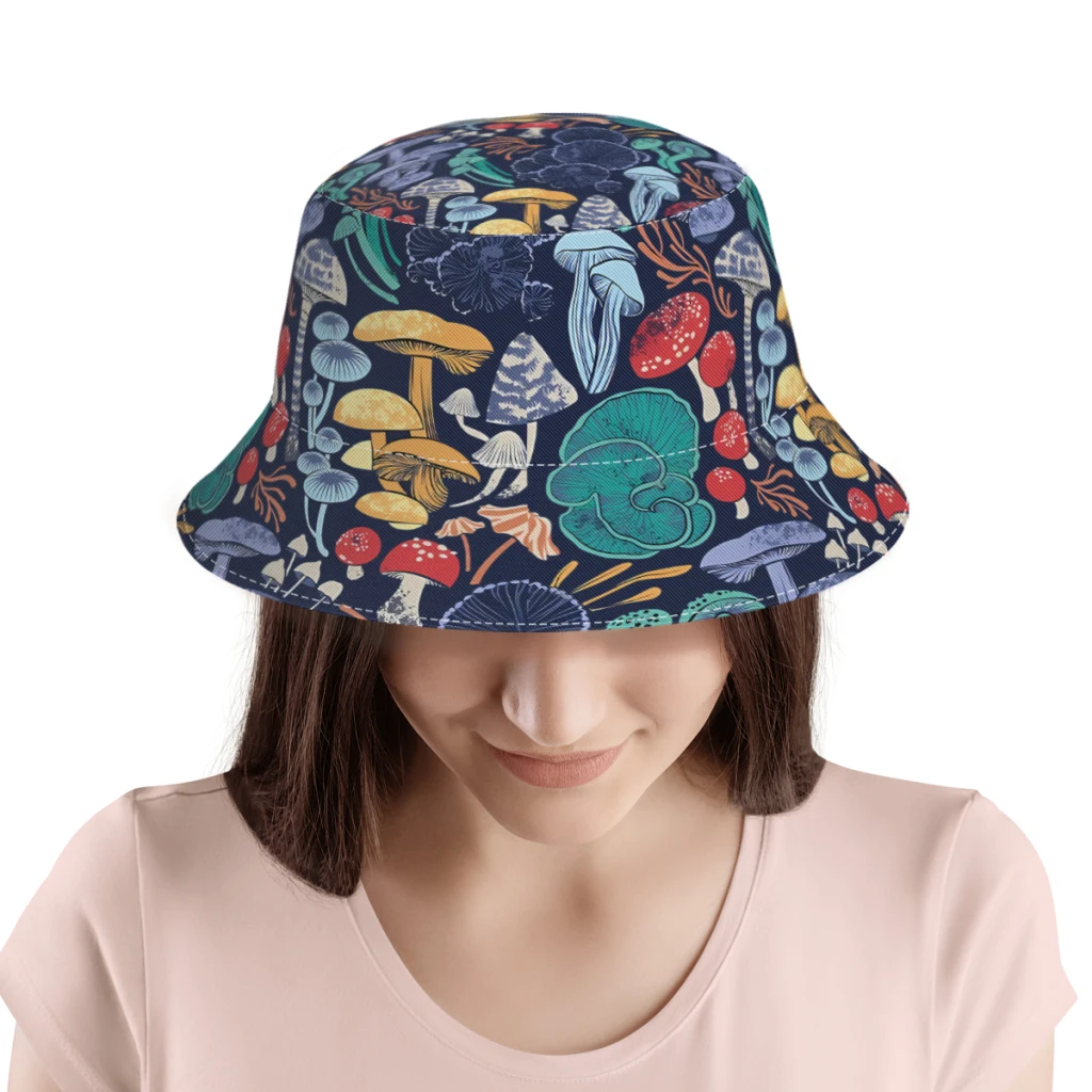 Midnight Blue Background Multicoloured Wild Mushrooms Fisherman Hat Shade Bucket Hats Hip Hop Women Men Camping Accessories