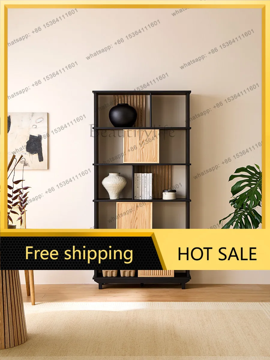FG French Grid Bookcase Solid Wood Whole Wall Living Room Floor Combination Cabinet Black Ash Wood Shelf