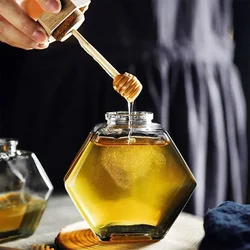 Hexagonal Glass Honey Bottle with Wooden Honey Pot Stirring Rod Sealing Clear Jam Jar Kitchen Home Storage 100/220/380ML