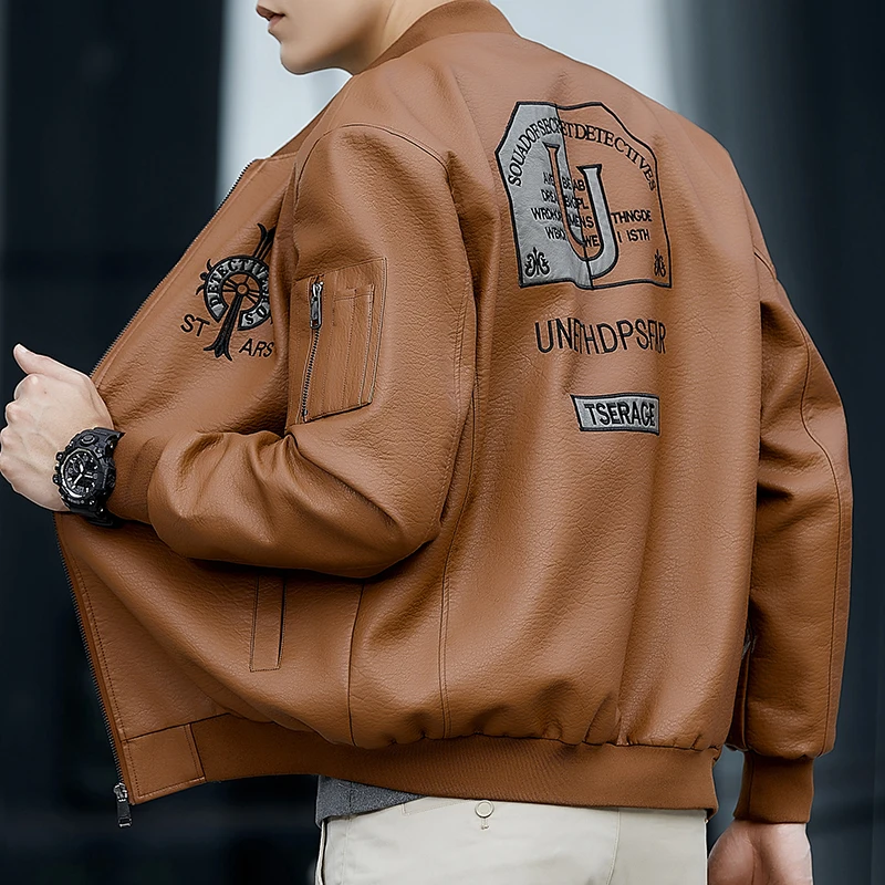 

Стильная мужская термокожаная куртка в стиле ретро, зимнее теплое мотоциклетное пальто на флисовой подкладке, модная уличная ветрозащитная верхняя молния