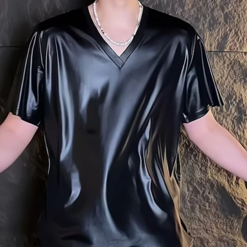 Men's Black Shiny V Neck Short Sleeve T Shirt Solid Color Casual Top Soft Stretchy Fabric for Summer