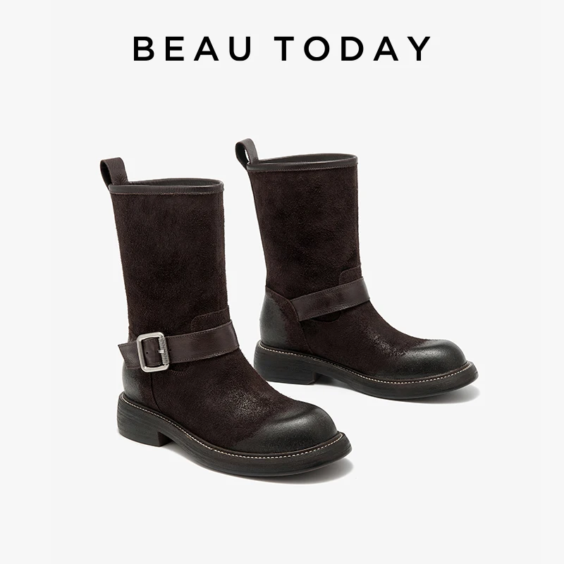 BEAUTODAY Stivali da cavaliere da donna in pelle di mucca punta tonda tacco basso argento fibbia quadrata slip-on stivali da donna a metà polpaccio