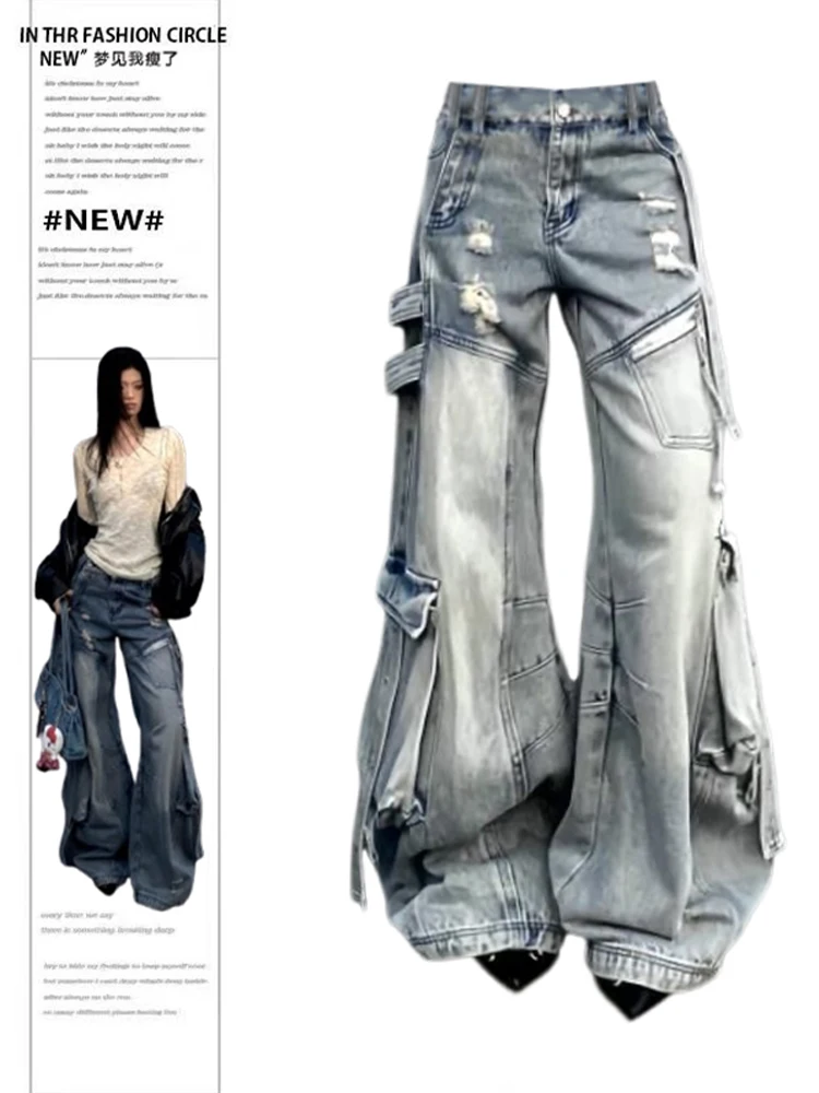 

202, осенне-зимние женские джинсовые брюки-карго в стиле гранж Y2K, широкие мешковатые джинсы Goblin Core, японский Harajuku, ковбойские мужские киберпанк