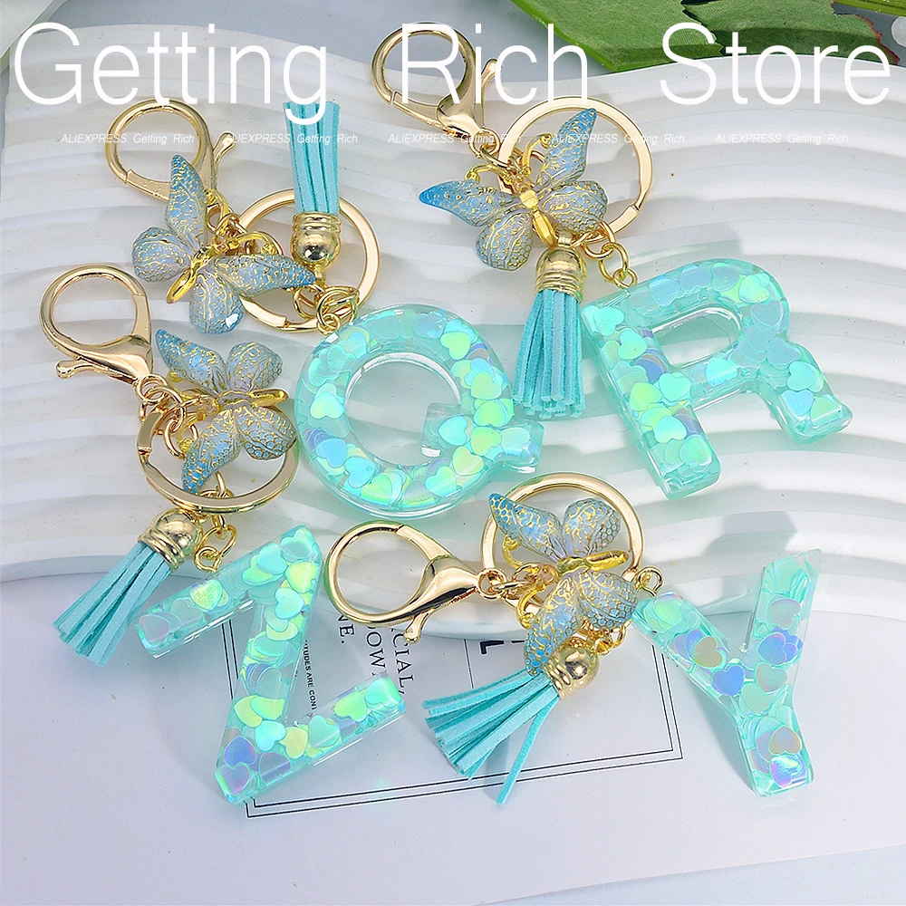 A-Z Green Heart Sequin Letter Keychain Resin Initials Name Keyring With Butterfly Tassel For Friend Purse Bag Handbag Decor Gift