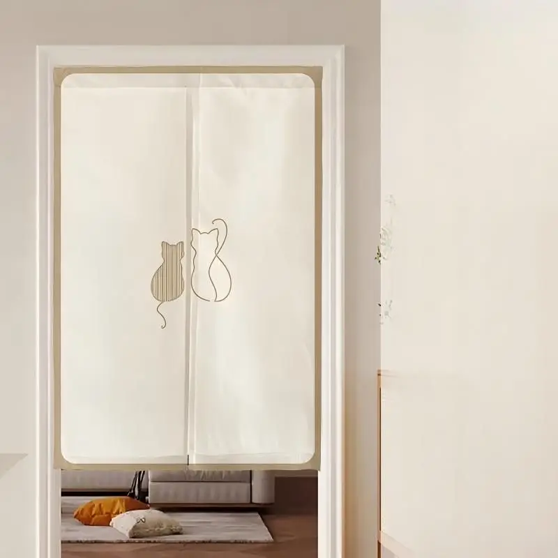 VIKAMA Beige Minimal Line Twin Cat Noren Split Door Curtain Room Divider Privacy Curtain for Bedroom Entryway Soft Home Decor