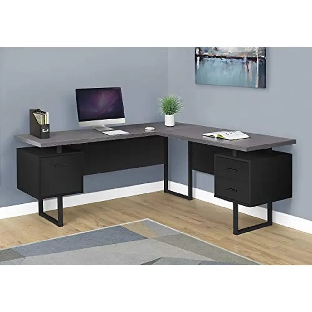 Corner Computer Desk L-Shaped Two-Tone Grey Wood Grain Look Office Furniture Metal Legs Black Finish