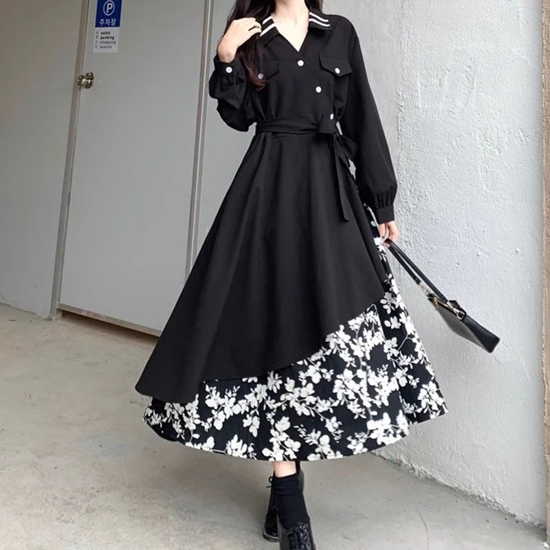 Mode couture robe florale femmes printemps automne robes hauts 2025 nouveau noir Chic Design chemise longues robes femme