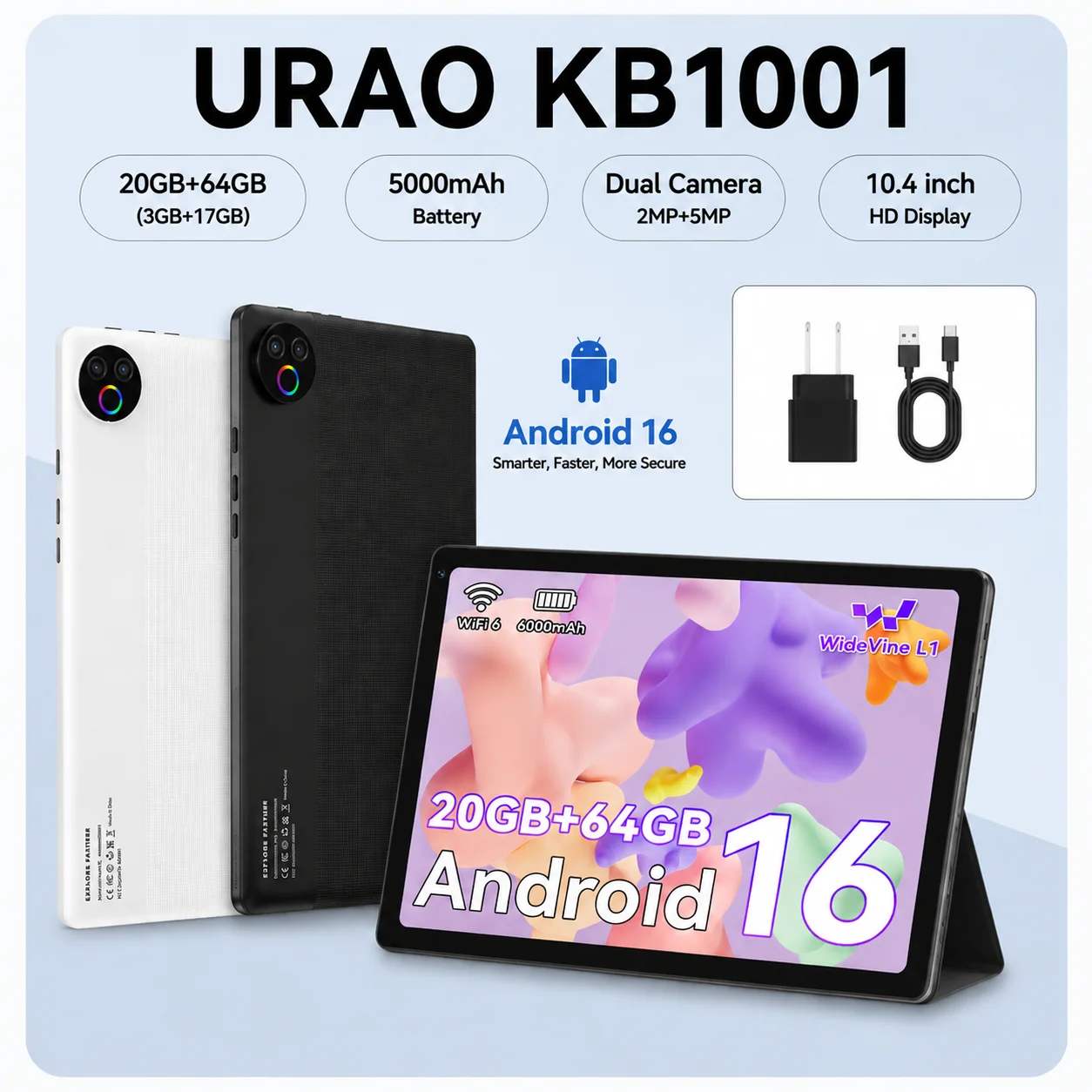 URAO Android 15 Tablet 10.4 Inch OS GMS Certified Tablets 1.8 GHz 20GB RAM 64GB ROM 1TB Expand WiFi 6 Bluetooth 5.4 Dual Camera