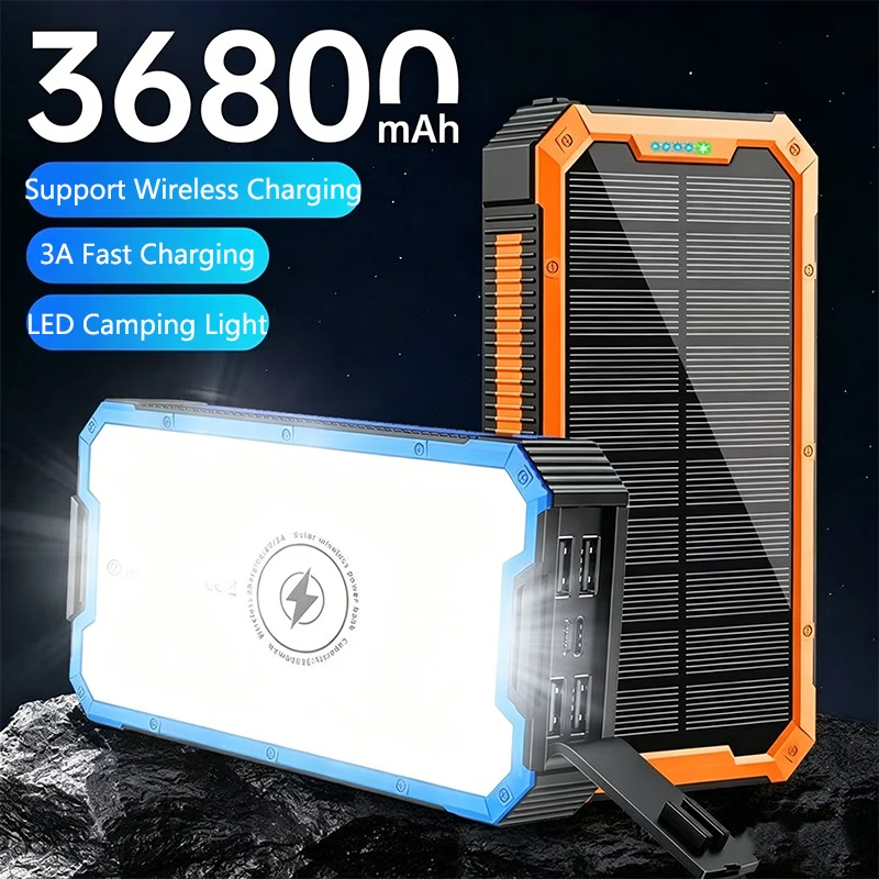 

Solar Power Bank 36800mAh Portable Wireless Charger 3A Fast Charging LED Powerbank for iPhone 17 Samsung Xiaomi External Battery