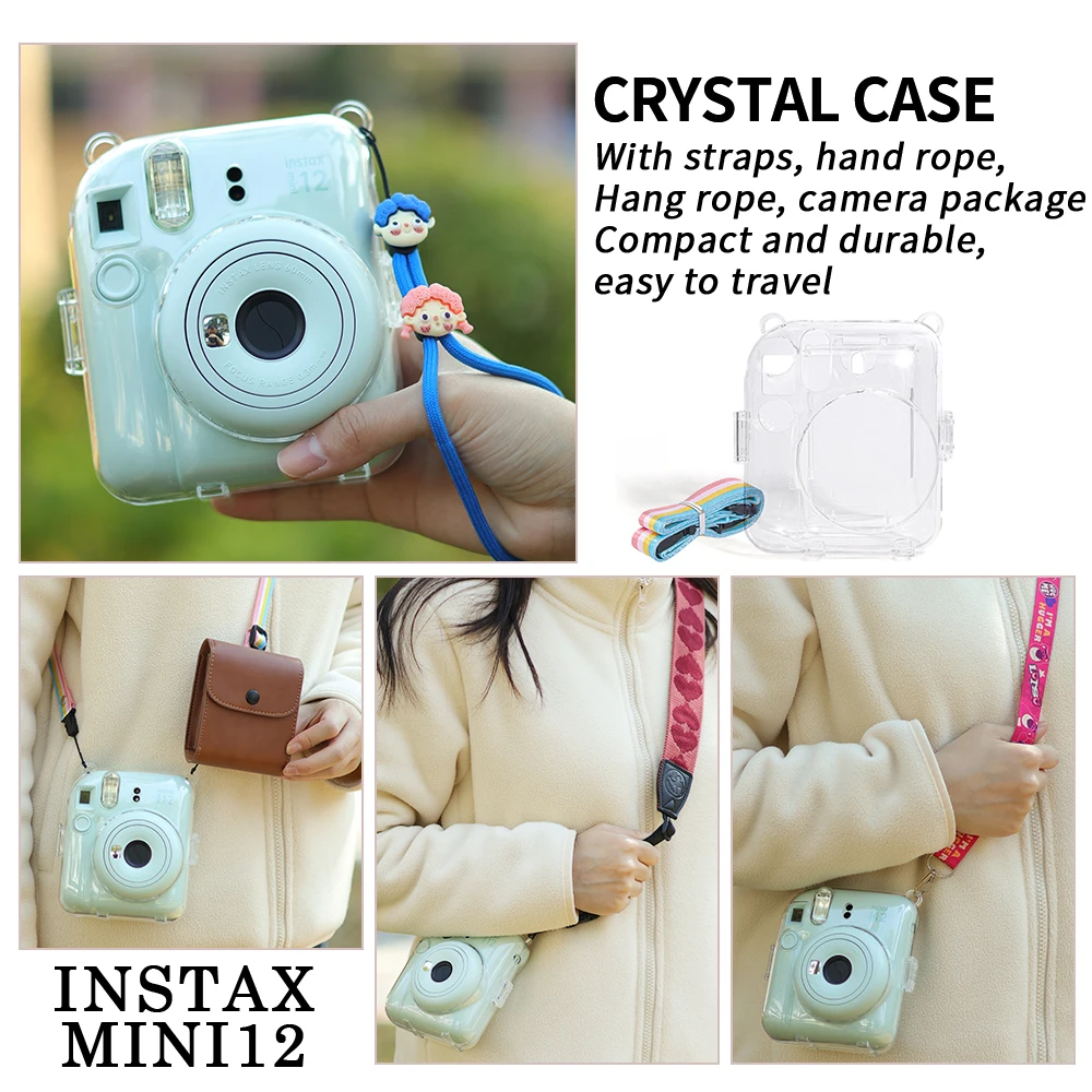 Подходит для Fujifilm Polaroid mini12, прозрачный хрустальный чехол, наклейка, защитный чехол, защитный чехол для камеры с защитой от падения на веревке