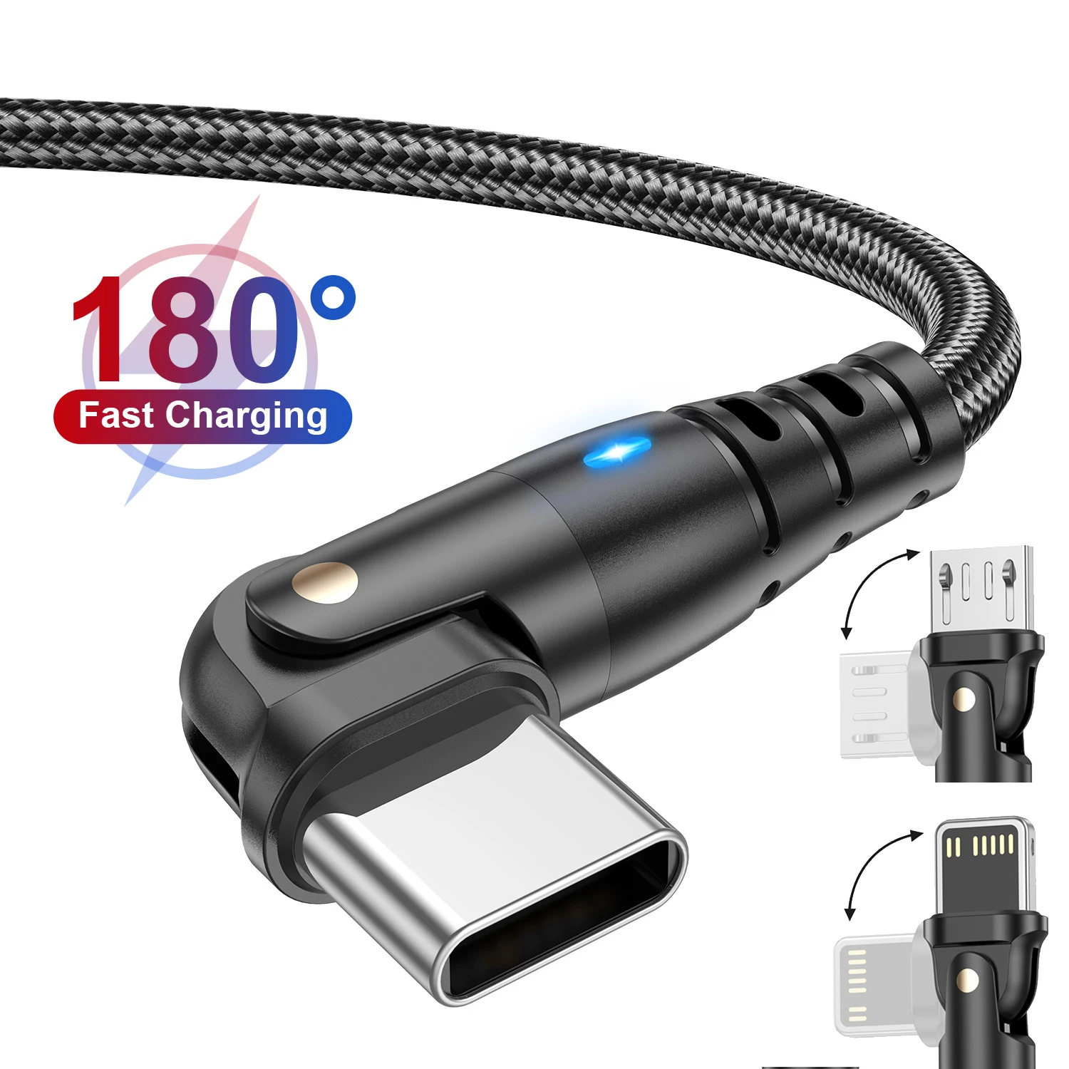 3A USB Type C Cable 180 Degree Rotation Elbow Cable for Game USB Micro USB C Fast Charge Data Cable for iPhone 14 Samsung S21