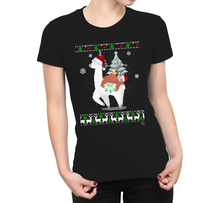 1T T Shirt Womens Llama And Drunk Sloth At Christmas