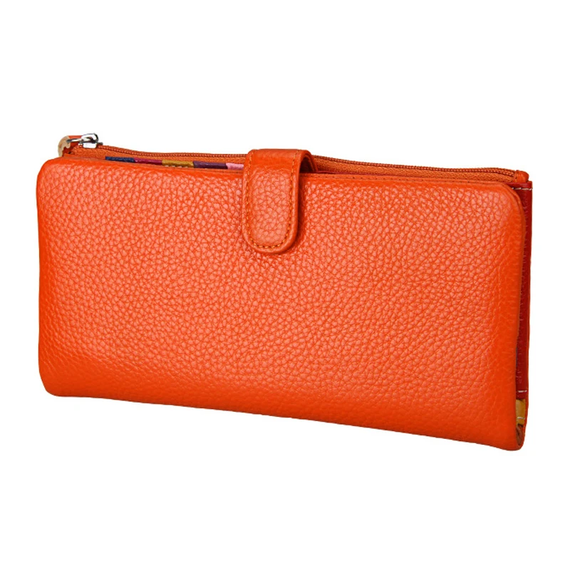 Long Wallets for Women Genuine Leather Clutch Purse with Zipper Coin Pocket Candy Colors Phone Bag Card Holder Red Orange Wallet