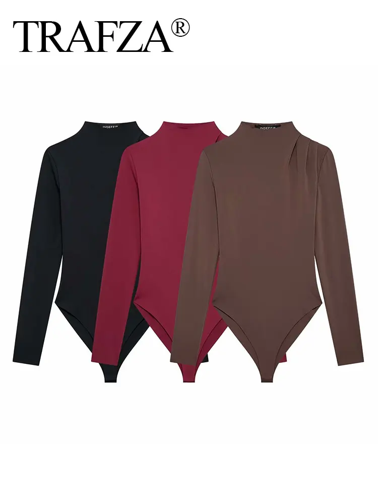 TRAFZA 2025, modischer Overall für Damen, Frühling, neu, solide, schlanke, lange Ärmel, lässiger Rollkragenpullover, plissiert, verziert, Party-Einteiler