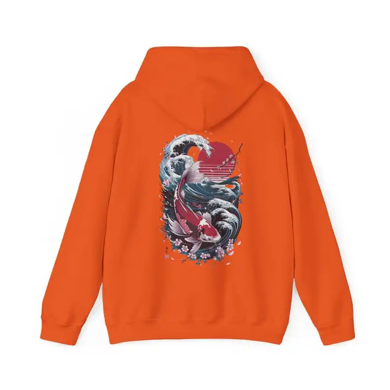 Cozy Japanese Koi Fish Hoodie Nautical Asian Art Sweater Unisex Tokyo Style Urban Pond-Themed Hooded Top Perfect for The Beach