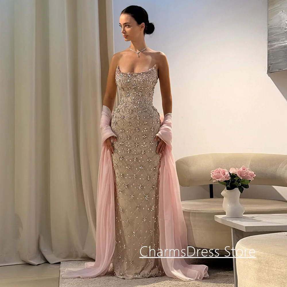 

Luxury Stones Evening Dress with Shawl Customized Scoop Neck Sleeveless Heavy Crystal Beading Arabian Prom Gown Party Dresses