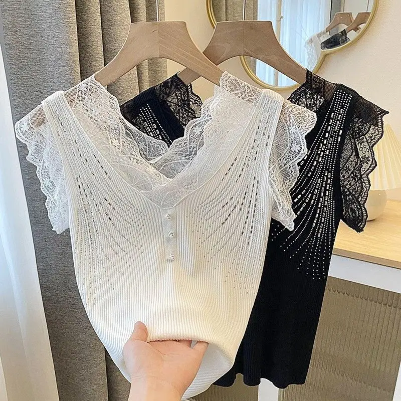 New Summer 2024 New Fashion Lace Lace Hot Diamond Inner Layer Vest Ice Silk Camisole Knitted Base Layer Top