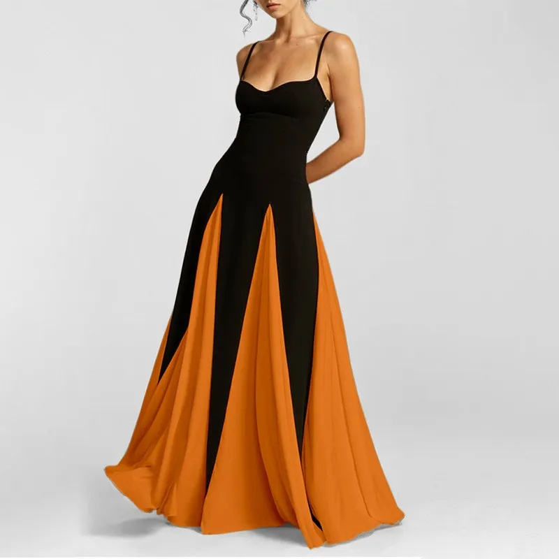 Vestido feminino de cor emenda, elegante, slim, cinched, cintura, vestidos longos para mulheres, sexy, costas nuas, festa de feriado