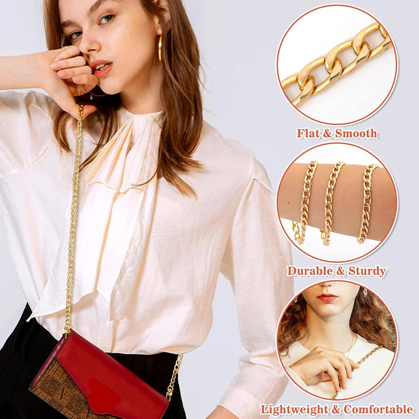 Hellgoldene Geldbörsenkette, Umhängetaschenkettenriemen, goldene Gürtelkette, Kettenersatzzubehör, Geldbörsenverlängerungsriemen für Taschen – Detail 5