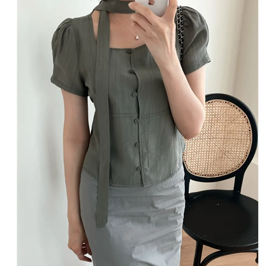 Ele Summer ort Sve irt enkele knoop stropdas vierkante kraag casual Sle dames Faion Bubble Sve normaal dun