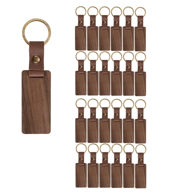 25 Pieces Leather Wood Keychain Blank, Wooden Keychain Blanks With Leather Strap, Unfinished Wooden Keychains 65 X 28Mm