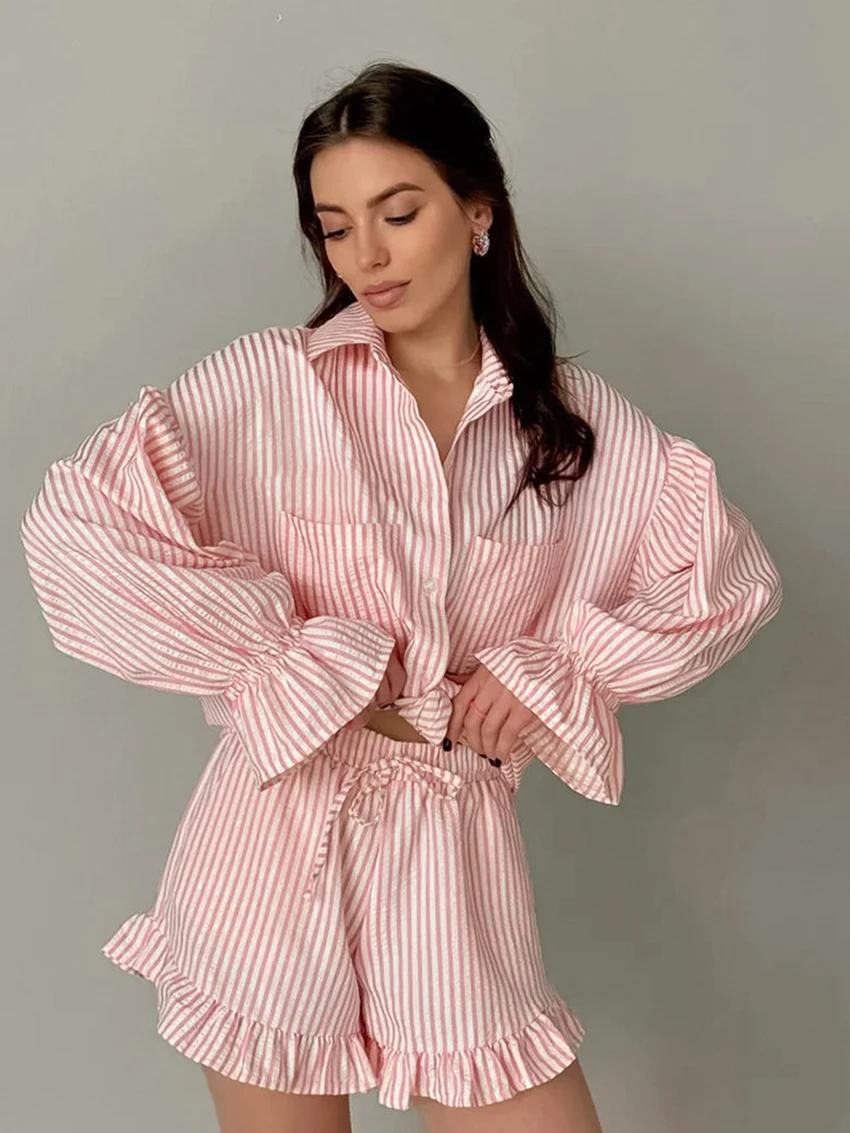 Marthaqiqi Striped Loose Women Pajamas Suit Turn-Down Collar Sleepwear Long Sleeve Nightwear Shorts Casual Ladies Nightgowns Set