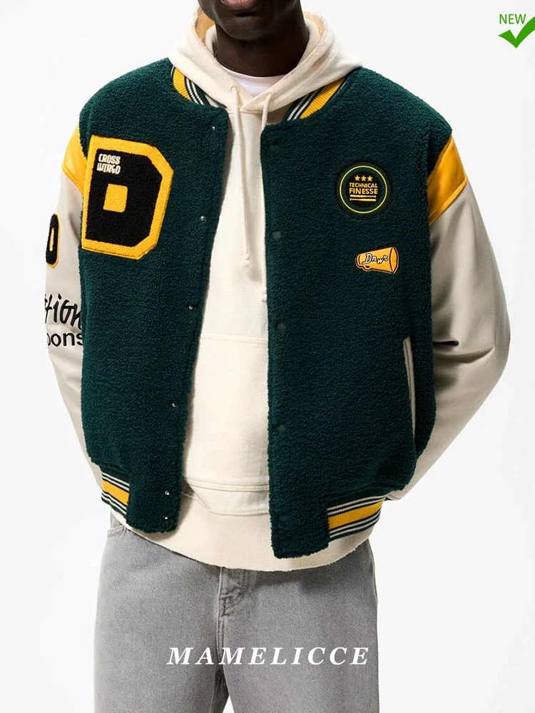 MAMELICCE Original design Men's American Retro Baseball Suit PU Stitching Bomber Jacket Coat Men's Round Neck Casual Jacket Top