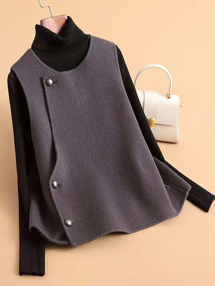 빨간색 울 조끼 코트 여성용 신상 중국 스타일 친다오 니트 아우터웨어 출퇴근용 라운드 넥 오버 롱