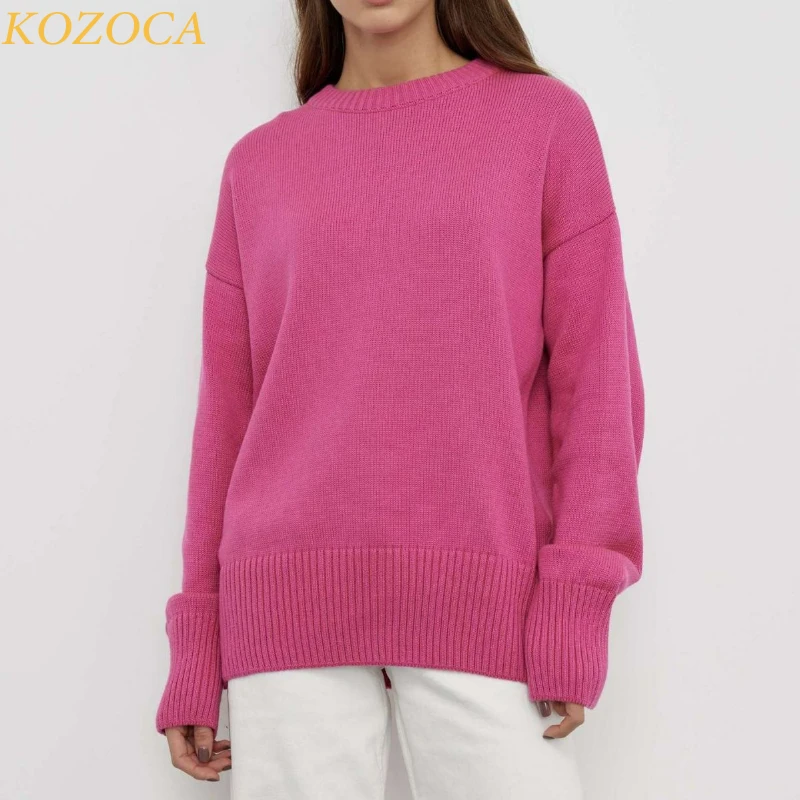 Kozoca Sweaters for Women 2023 Winter Vintage Solid O-neck Knitted Oversized Sweater Women Jumper Long Pullovers Sueter Mujer