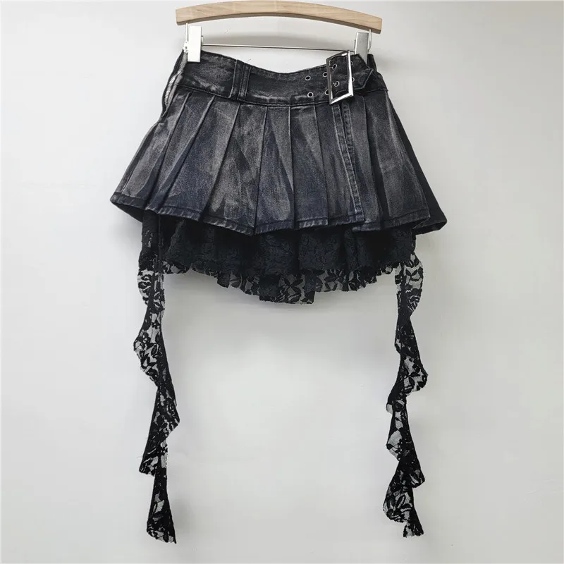 GALCAUR Hit Color Spliced Lace Irrgular Mini Skirts for Women High Waist Patchwork Folds Fashion Cowboy Skirt Female Clothing