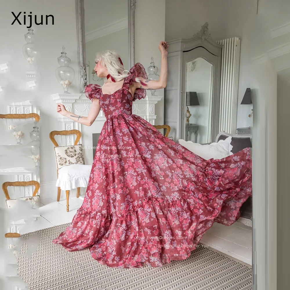 Xijun Red Princess Evening Dresses Fly Sleeves Printed Flower Prom Dresses Ruffles A-Line Long Birthday Party Dresses Prom Gown