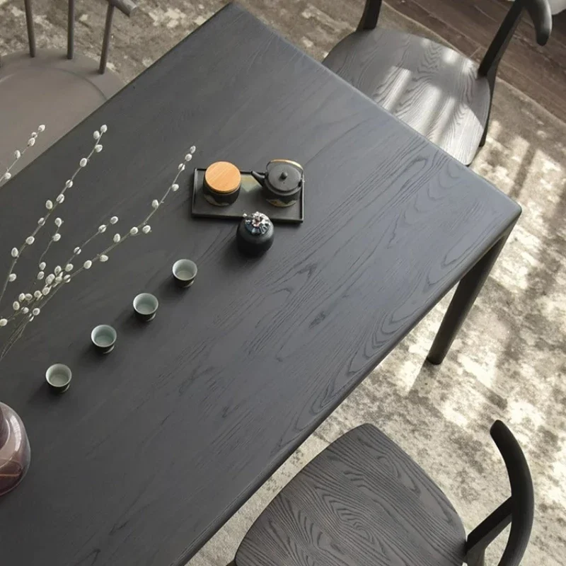 Solid wood dining table, black tea table, log skin semi-transparent long dining table