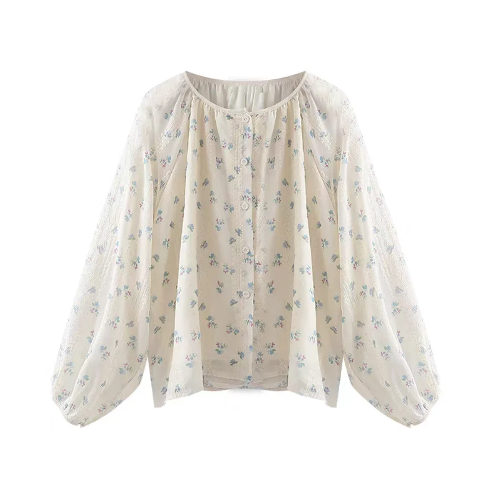 Camicetta a maniche lunghe pieghettata alla moda Ins Camicia a fiori dolci Top Camicetta floreale in pizzo casual allentata Streetwear