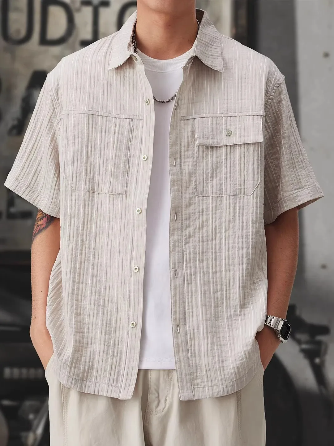 

Loose Fit Casual Striped ort Sve irt Men's Summer Design Sense Trendy Open Cardigan Top Breathable Comfortable Cotton