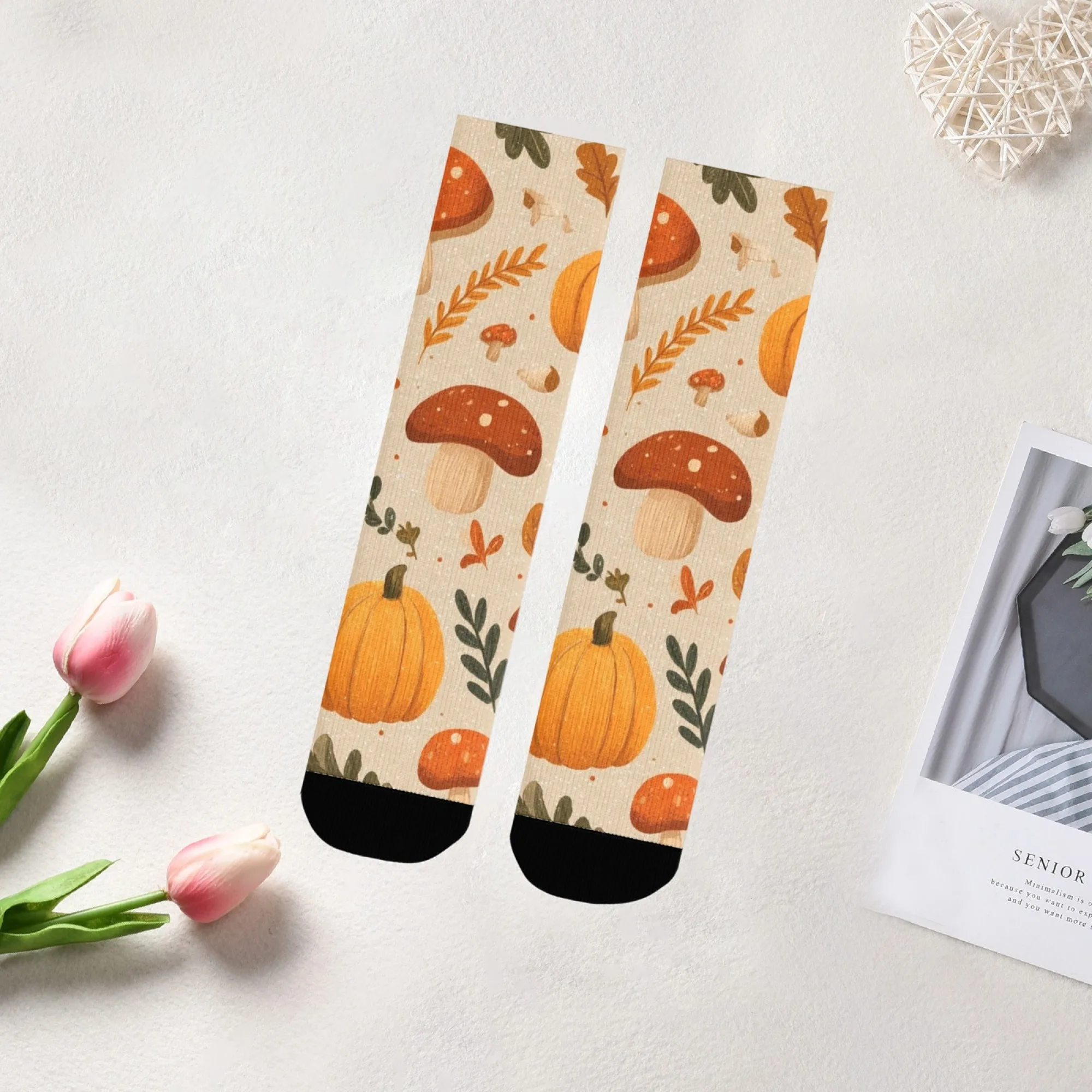 

Unisex Stylish Pastoral Themed Crew Socks Light Beige Base with Rustic Pumpkin Wheat Sheaf Motifs Show A Rustic and Fashion