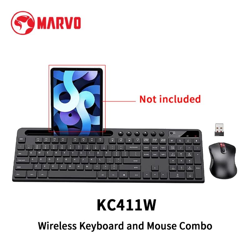 

MARVO KC411W 2.4G Wireless 104 Keys Keyboard Mouse Combo Ergonomic Silent Mouse 1600DPI 6 Keys Two-in-one W/ Phone Tablet Holder