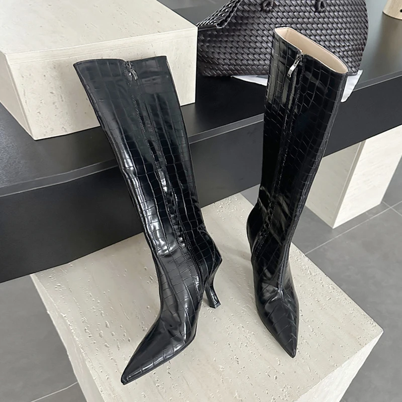 

Liyke Autumn Winter Stone Pattern Leather Knee-High Boots Vintage Pointed Toe Zip Women Shoes Heels Fashion Catwalk Long Booties