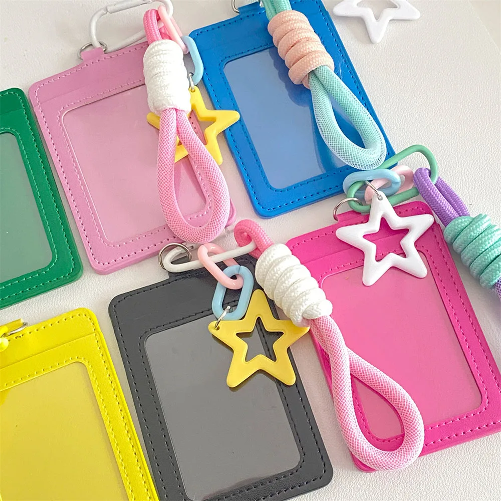 Candy Color Double Layer Card Protective Case With Star Lanyard INS Transparent PU Card Holder Waterproof Vertical Card Cover