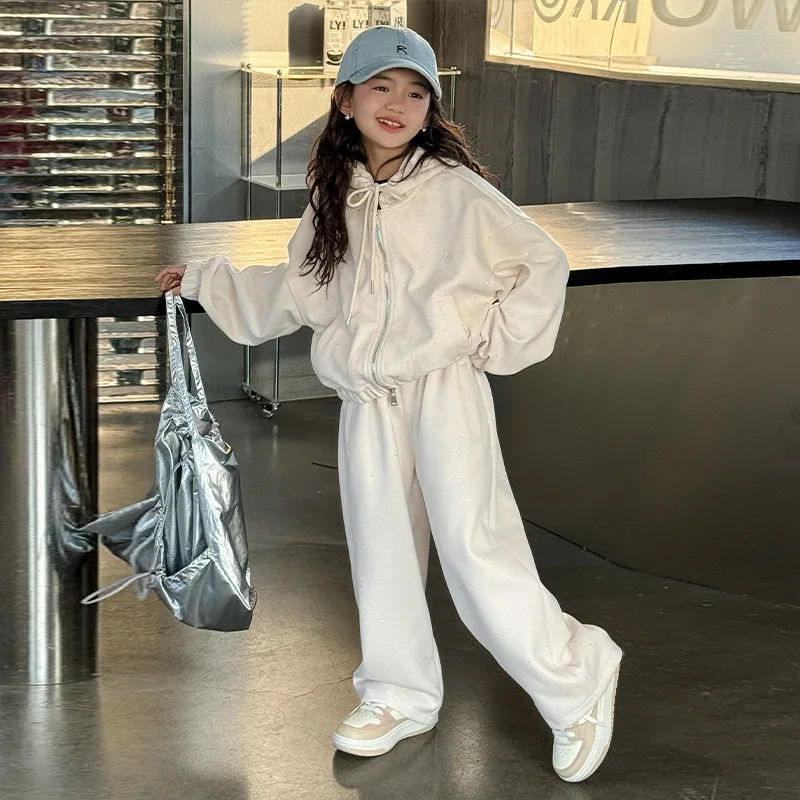 Girls' Casual Sports Suits Cotton Knit Hoodie Sets Two-Piece Autumn Sets for Ages 7-14 Suitable for School and Jogging 2 Colors