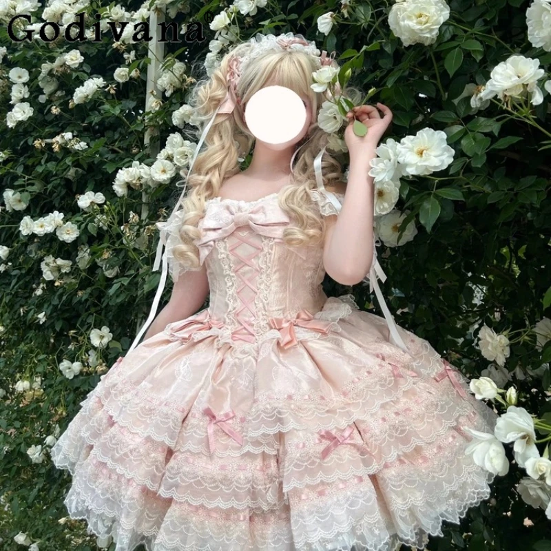 

Lolita Strap JSK Summer Dress Women's Ballet Style Short Birthday Dress Female Sweet Pink Color Bow Dress with Hair Band