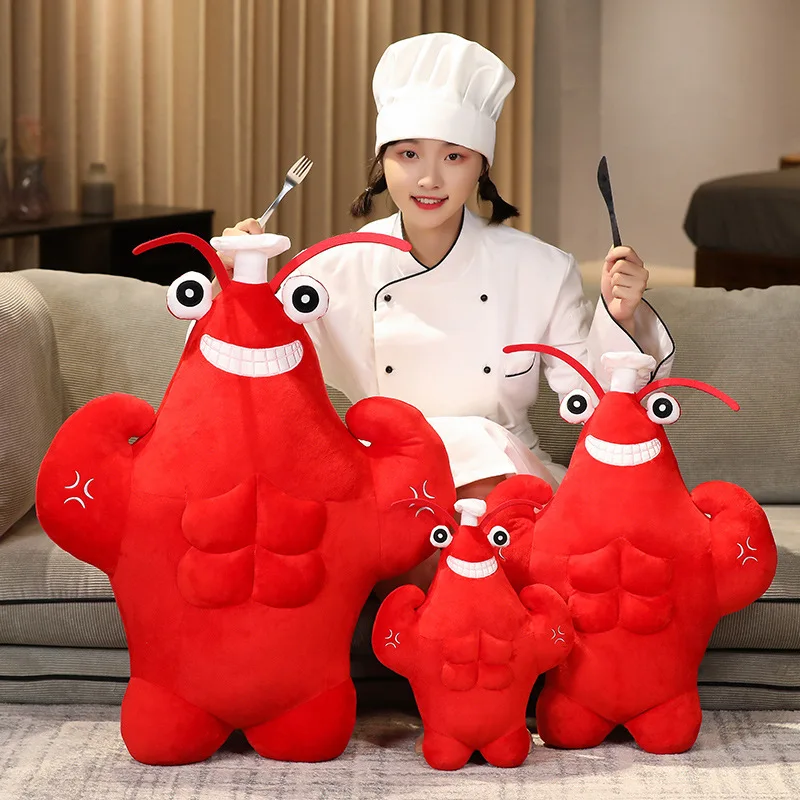 30-80cm Simulation Muscle Lobster Chef Plush Toys Stuffed Animal Kawaii Shrimp Plushie Doll Lifelike Crayfish Pillow Kid's Gifts