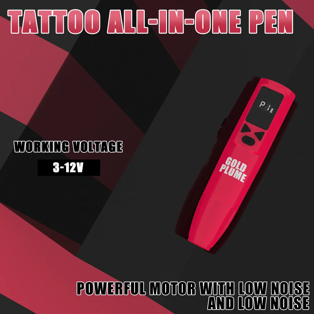 GoldPlume Wireless Tattoo Pen Kit Red, LCD Display, 20 Cartridge Needles, Ink Cups, Gloves, Wipes & USB Cable for Beginners