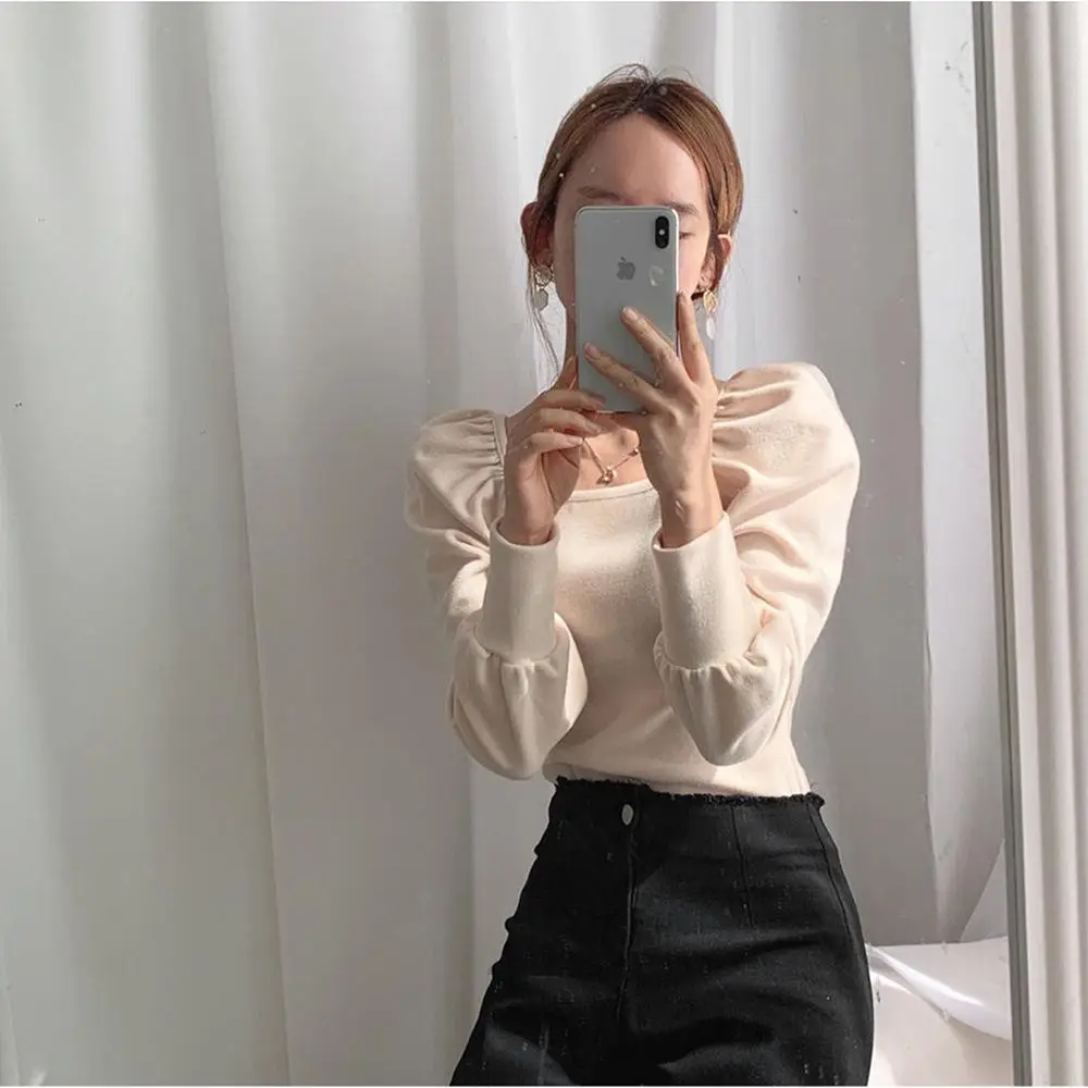 Thickened Velvet Square Neck Slim Fit Pleated Bubble Sleeve T-shirts Spring Ropa Mujer 2024 Shirts for Women Black Tops Knit