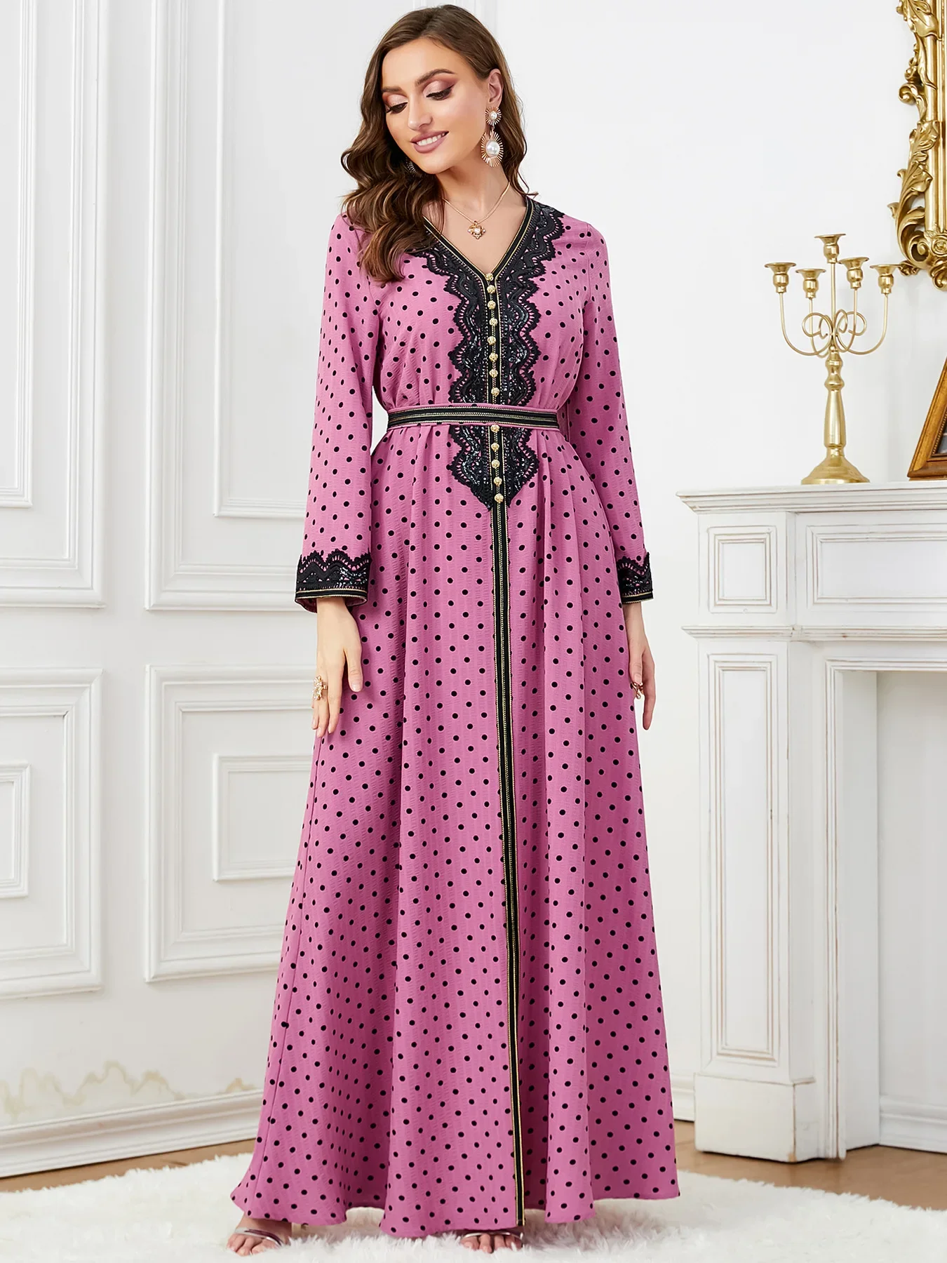 Eid Muslim Party Dress for Women Polka Dot Ramadan Abaya Belt Morocco Kaftan Vestidos Largos Dubai Turkey Robe Jalabiya 2024