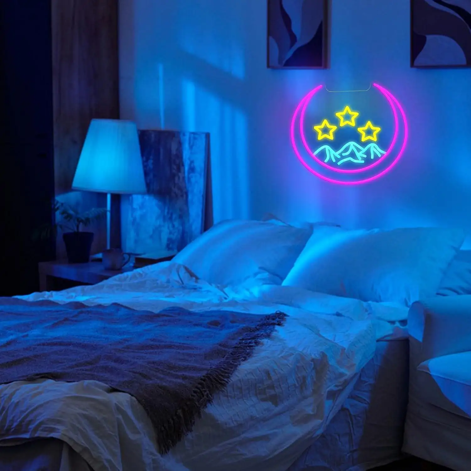 Moon Mountain Stars Neon Sign Dimmable LED Light for Home Living Room Gaming Room Hotel Aesthetic Wall Decor Gifts Night Light