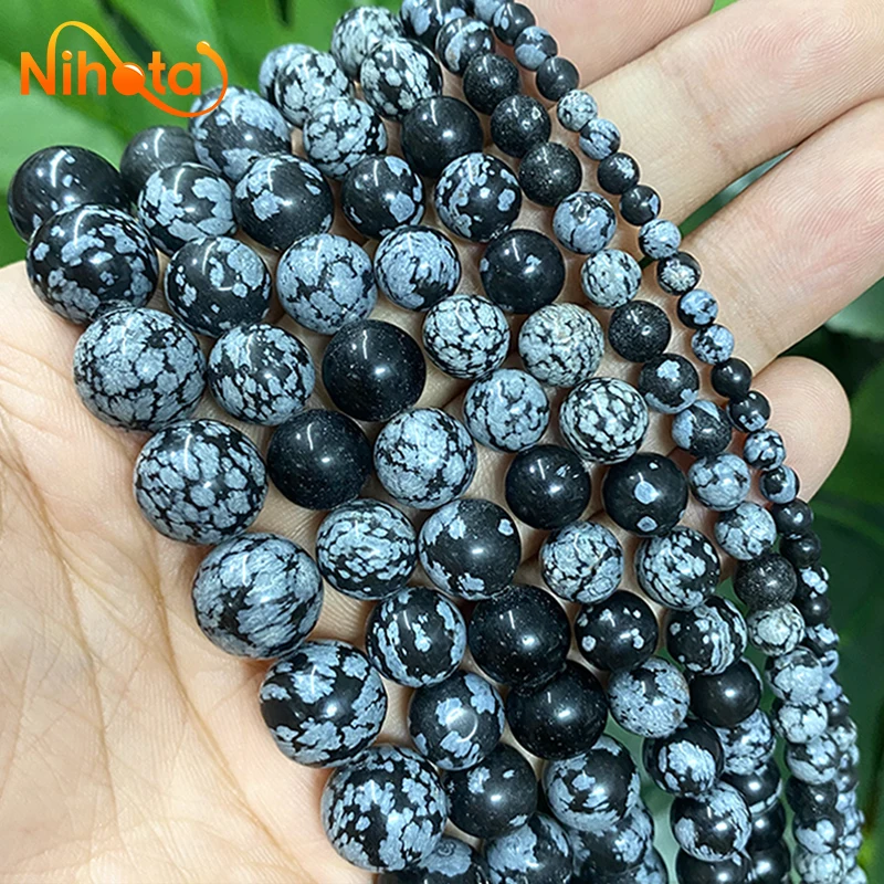 Natural Smooth Snow Flake Obsidian Round Loose Beads For Jewelry Making DIY Bracelets Accessories 15'' Strand 4/6/8/10/12mm